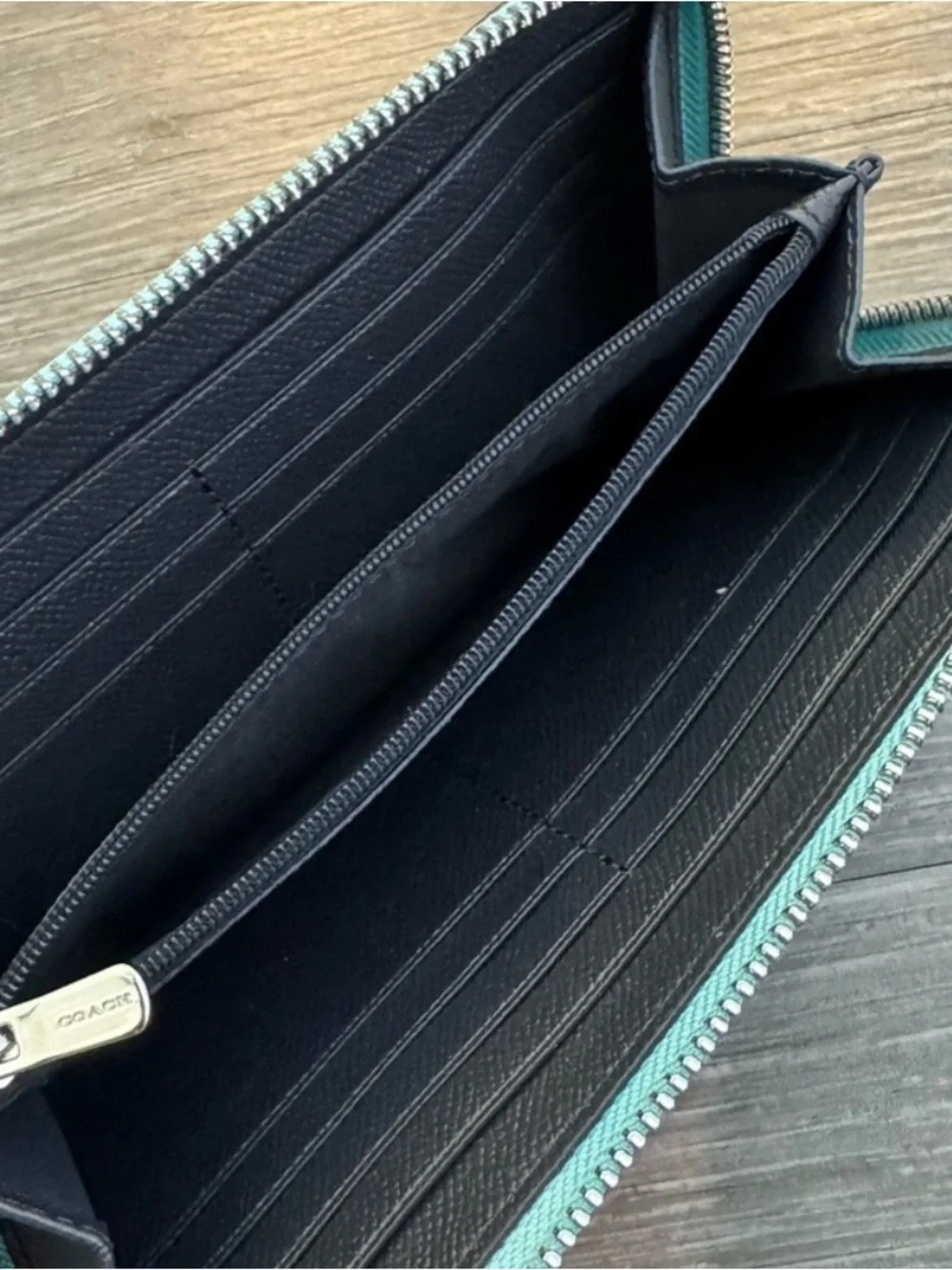 Coach Accordion Metallic Teal Zip Wallet with Gold Logo